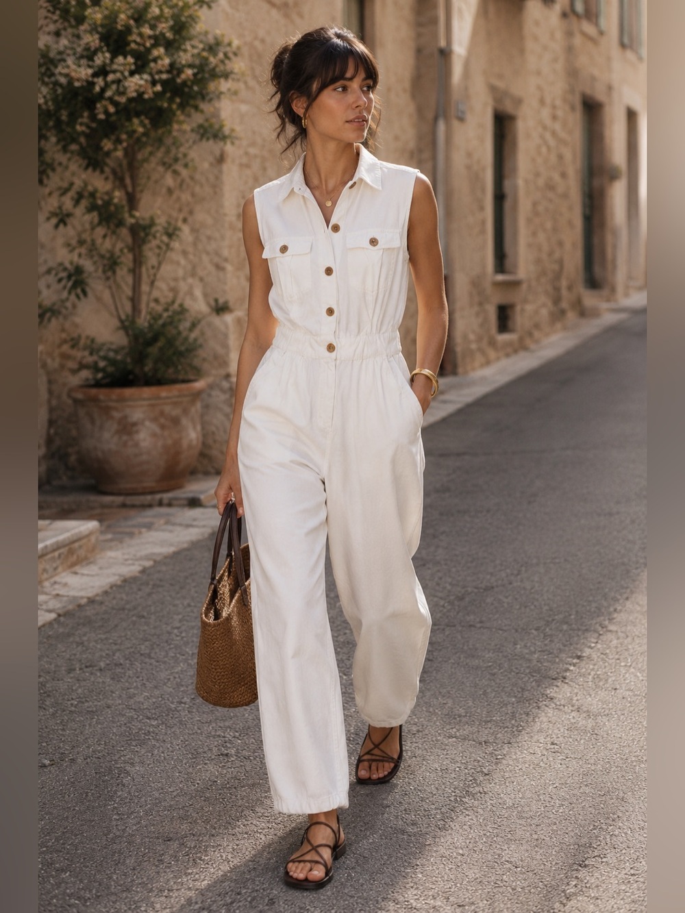 ZARA Cotton White Sleeveless Barrel Let Utility Jumpsuit • XL NWT - Picture 1 of 11
